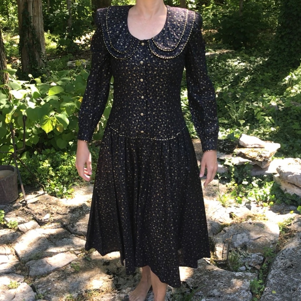 Gunne Sax Style, Drop Waist Dress, Vintage, metallic gold accents